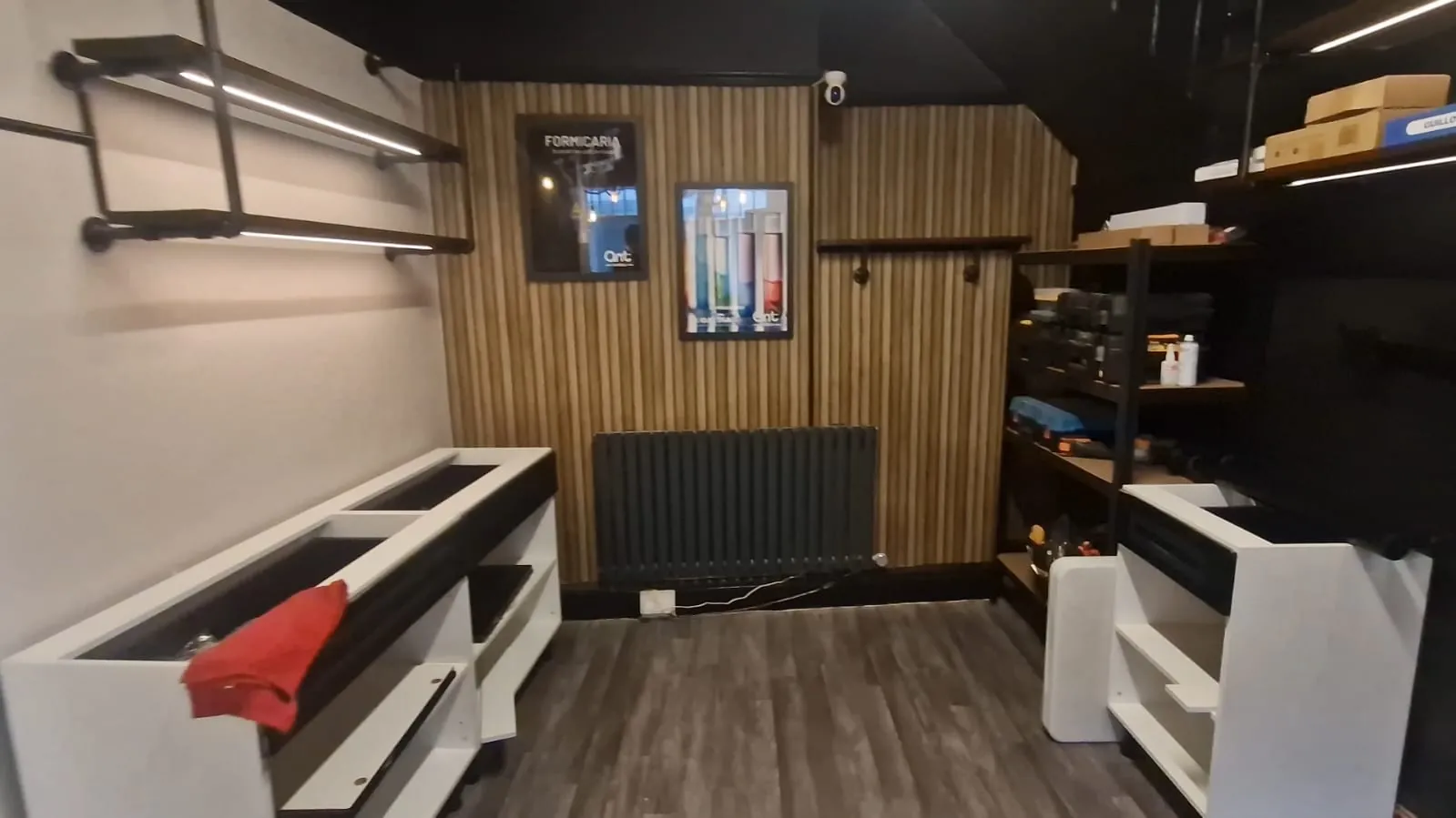 The packing room, with boxes stored on the shelves.