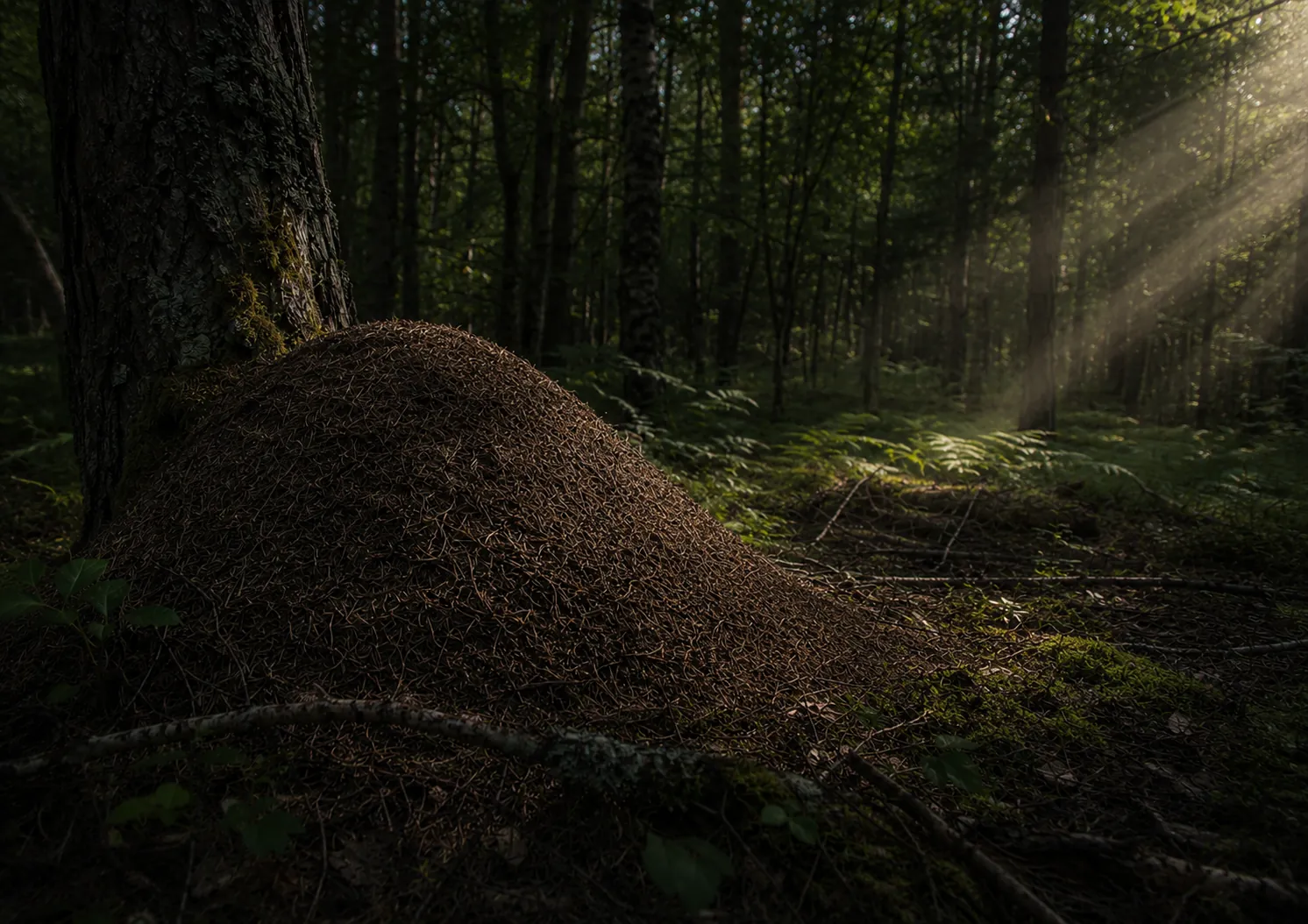 A wood ant nest on the forest floor, with light through the trees.